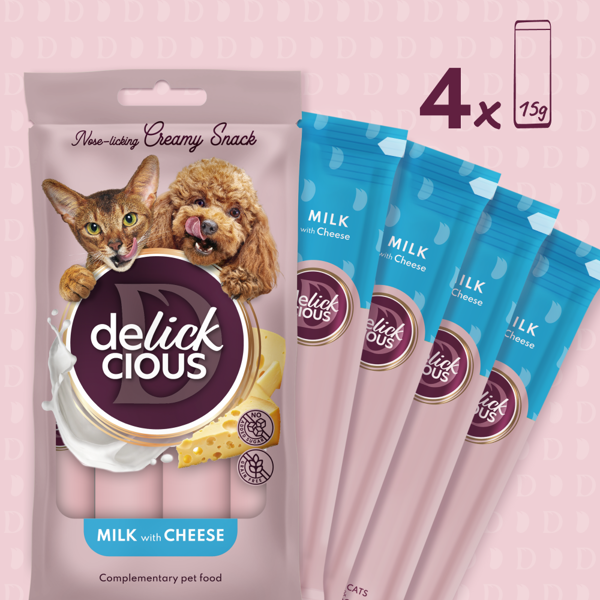 DELICKCIOUS kreminiai skanėstai su pienu ir sūriu suaugusiems šunims ir katėms (4x15 g), 60 g