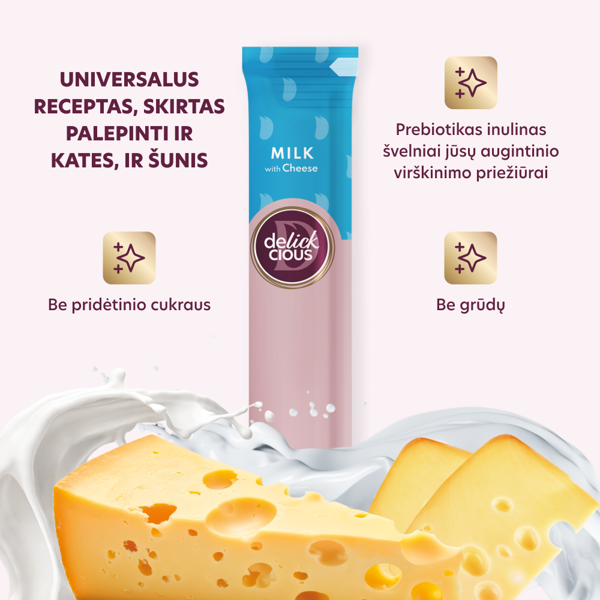 DELICKCIOUS kreminiai skanėstai su pienu ir sūriu suaugusiems šunims ir katėms (4x15 g), 60 g