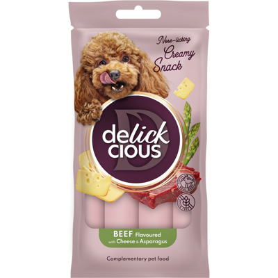 DELICKCIOUS kreminiai skanėstai su jautiena, sūriu ir smidrais suaugusiems šunims (4x15 g), 60 g paveikslėlis