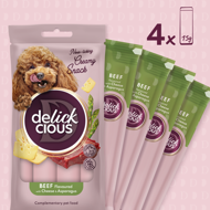 DELICKCIOUS kreminiai skanėstai su jautiena, sūriu ir smidrais suaugusiems šunims (4x15 g), 60 g