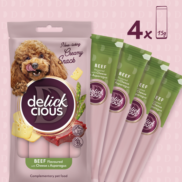 DELICKCIOUS kreminiai skanėstai su jautiena, sūriu ir smidrais suaugusiems šunims (4x15 g), 60 g