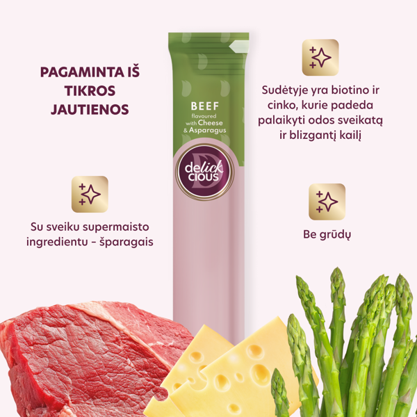 DELICKCIOUS kreminiai skanėstai su jautiena, sūriu ir smidrais suaugusiems šunims (4x15 g), 60 g