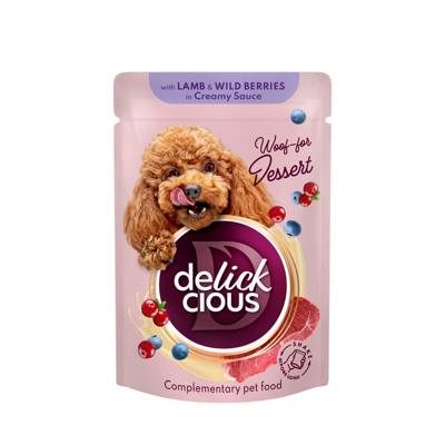  DELICKCIOUS konservuotas pašaras su ėriena ir uogomis suaugusiems šunims, 80 g