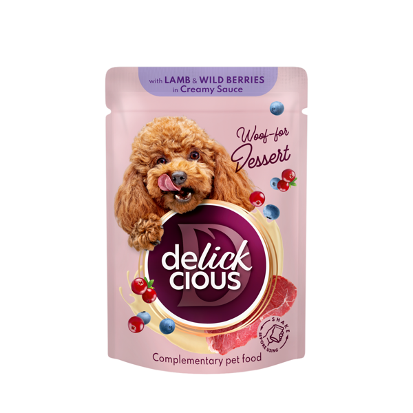  DELICKCIOUS konservuotas pašaras su ėriena ir uogomis suaugusiems šunims, 80 g