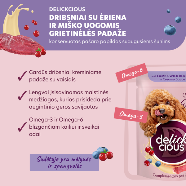  DELICKCIOUS konservuotas pašaras su ėriena ir uogomis suaugusiems šunims, 80 g
