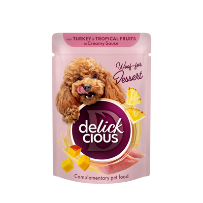  DELICKCIOUS konservuotas pašaras su kalakutiena ir trop. vaisiais suaugusiems šunims, 80 g