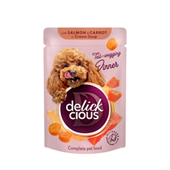 DELICKCIOUS konservuotas pašaras su lašiša ir morkomis suaugusiems šunims, 85 g