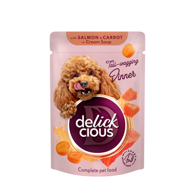  DELICKCIOUS konservuotas pašaras su lašiša ir morkomis suaugusiems šunims, 85 g