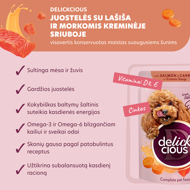  DELICKCIOUS konservuotas pašaras su lašiša ir morkomis suaugusiems šunims, 85 g