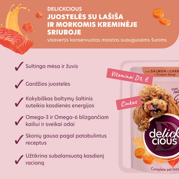  DELICKCIOUS konservuotas pašaras su lašiša ir morkomis suaugusiems šunims, 85 g