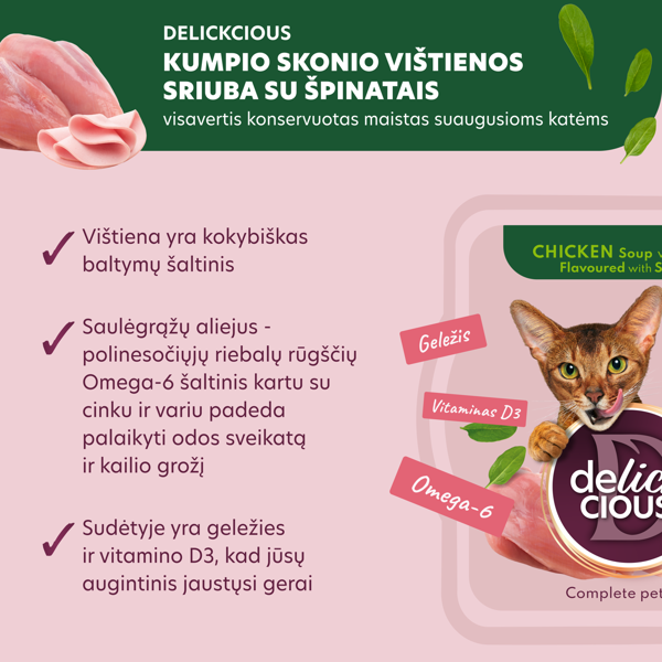  DELICKCIOUS konservuotas pašaras suaugusioms katėms -  sriuba su kumpiu ir vištiena, 80 g