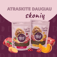 DELICKCIOUS ore džiovinti skanėstai su kalakutiena, morkomis ir obuoliais suaugusiems šunims, 80 g