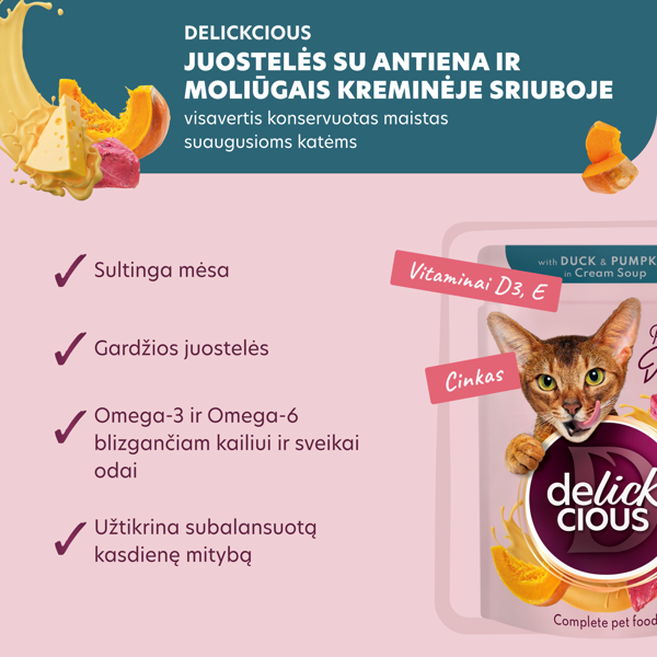 DELICKCIOUS konservuotas pašaras su antiena ir moliūgais suaugusioms katėms, 85 g