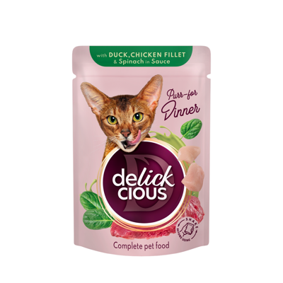 DELICKCIOUS konservuotas pašaras su antiena ir vištiena suaugusioms katėms, 85 g