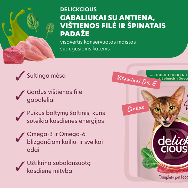 DELICKCIOUS konservuotas pašaras su antiena ir vištiena suaugusioms katėms, 85 g