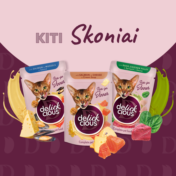 DELICKCIOUS konservuotas pašaras su antiena ir vištiena suaugusioms katėms, 85 g