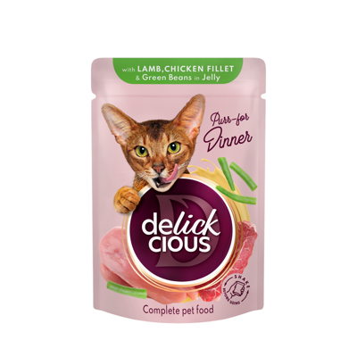 DELICKCIOUS konservuotas pašaras su ėriena ir vištiena suaugusioms katėms, 85 g