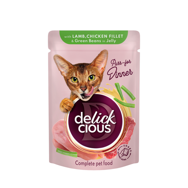 DELICKCIOUS konservuotas pašaras su ėriena ir vištiena suaugusioms katėms, 85 g