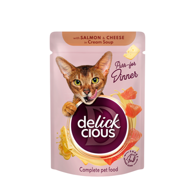 DELICKCIOUS konservuotas pašaras su lašiša  ir sūriu suaugusioms katėms, 85 g