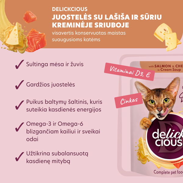 DELICKCIOUS konservuotas pašaras su lašiša  ir sūriu suaugusioms katėms, 85 g paveikslėlis