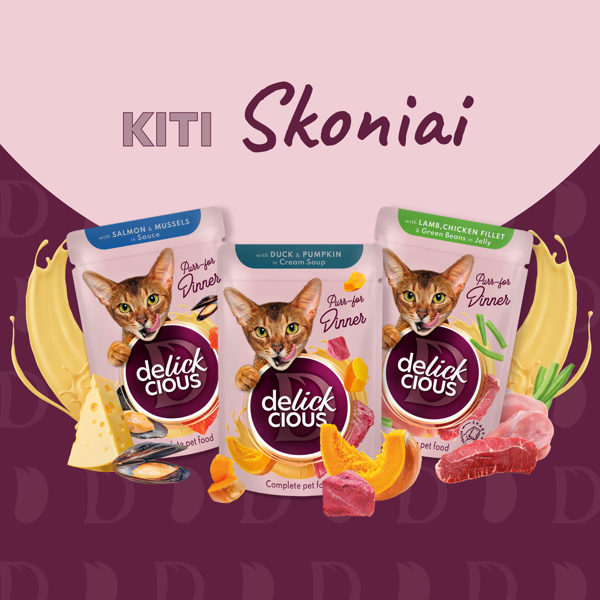 DELICKCIOUS konservuotas pašaras su lašiša  ir sūriu suaugusioms katėms, 85 g