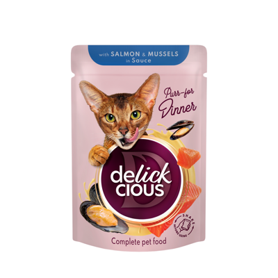 DELICKCIOUS konservuotas pašaras su lašiša ir midijomis suaugusioms katėms, 85 g