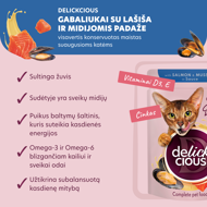 DELICKCIOUS konservuotas pašaras su lašiša ir midijomis suaugusioms katėms, 85 g