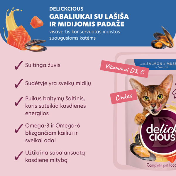 DELICKCIOUS konservuotas pašaras su lašiša ir midijomis suaugusioms katėms, 85 g
