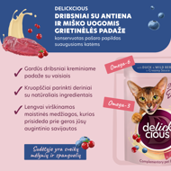 DELICKCIOUS konservuotas pašaras su antiena ir uogomis suaugusioms katėms, 80 g