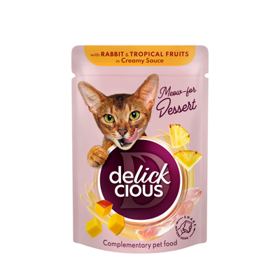 DELICKCIOUS konservuotas pašaras su triušiena ir egzotiniais vaisiais suaugusioms katėms, 80 g