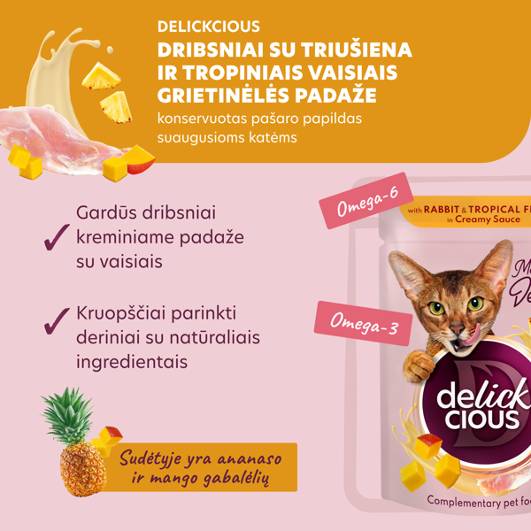 DELICKCIOUS konservuotas pašaras su triušiena ir egzotiniais vaisiais suaugusioms katėms, 80 g
