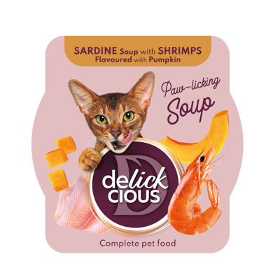 DELICKCIOUS konservuotas pašaras suaugusioms katėms - krevečių sriuba su sardinėmis, 80 g