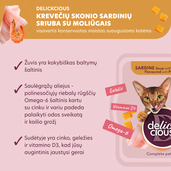DELICKCIOUS konservuotas pašaras suaugusioms katėms - krevečių sriuba su sardinėmis, 80 g