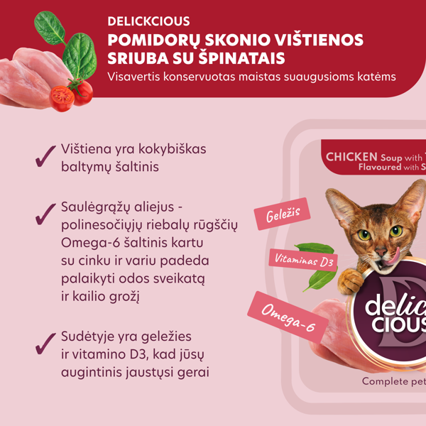 DELICKCIOUS konservuotas pašaras suaugusioms katėms - sriuba su pomidorais ir vištiena, 80 g