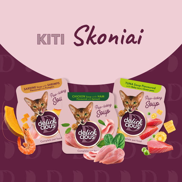 DELICKCIOUS konservuotas pašaras suaugusioms katėms - sriuba su pomidorais ir vištiena, 80 g