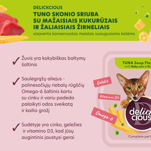 DELICKCIOUS konservuotas pašaras suaugusioms katėms - tuno sriuba su kukurūzais, 80 g