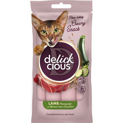 DELICKCIOUS kreminiai skanėstai su ėriena ir ryžiais suaugusioms katėms (4x15 g), 60 g