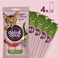 DELICKCIOUS kreminiai skanėstai su ėriena ir ryžiais suaugusioms katėms (4x15 g), 60 g