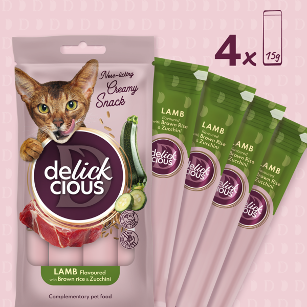 DELICKCIOUS kreminiai skanėstai su ėriena ir ryžiais suaugusioms katėms (4x15 g), 60 g