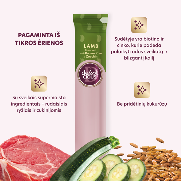 DELICKCIOUS kreminiai skanėstai su ėriena ir ryžiais suaugusioms katėms (4x15 g), 60 g