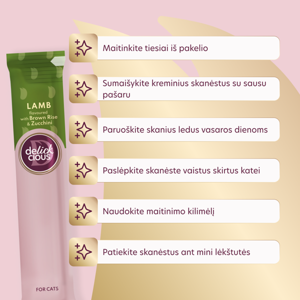 DELICKCIOUS kreminiai skanėstai su ėriena ir ryžiais suaugusioms katėms (4x15 g), 60 g