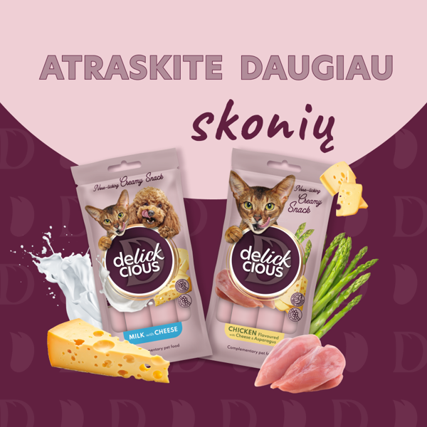 DELICKCIOUS kreminiai skanėstai su ėriena ir ryžiais suaugusioms katėms (4x15 g), 60 g