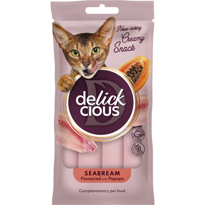 DELICKCIOUS kreminiai skanėstai su jūrų karšiu ir papajomis suaugusioms katėms (4x15 g), 60 g