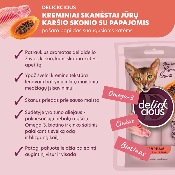 DELICKCIOUS kreminiai skanėstai su jūrų karšiu ir papajomis suaugusioms katėms (4x15 g), 60 g