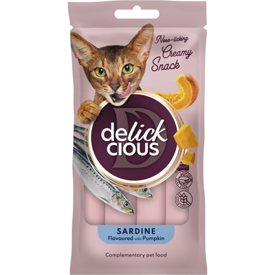DELICKCIOUS kreminiai skanėstai su sardinėmis ir moliūgais suaugusioms katėms (4x15 g), 60 g