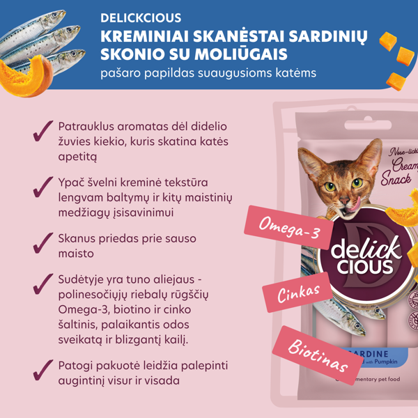 DELICKCIOUS kreminiai skanėstai su sardinėmis ir moliūgais suaugusioms katėms (4x15 g), 60 g