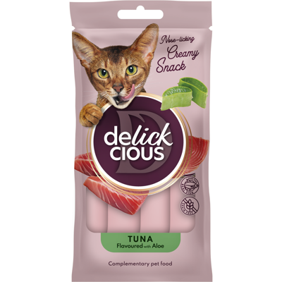 DELICKCIOUS kreminiai skanėstai su tunu ir alijošiumi suaugusioms katėms (4x15 g), 60 g