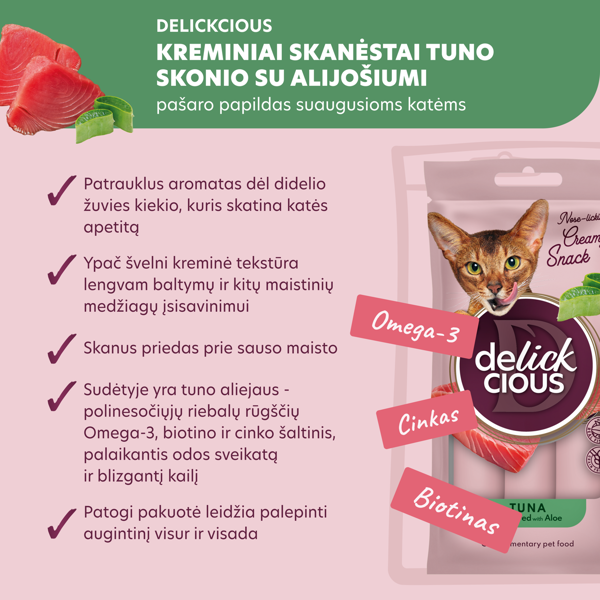 DELICKCIOUS kreminiai skanėstai su tunu ir alijošiumi suaugusioms katėms (4x15 g), 60 g