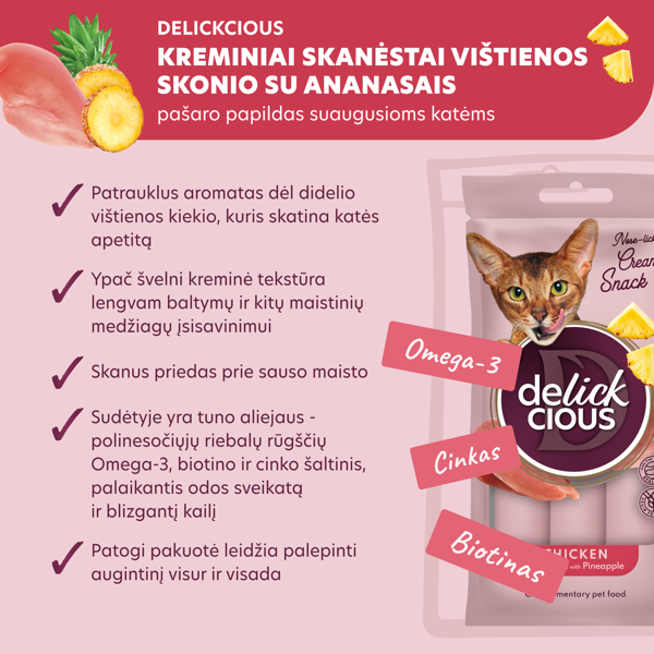 DELICKCIOUS kreminiai skanėstai su vištiena ir ananasais suaugusioms katėms (4x15 g), 60 g