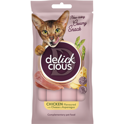 DELICKCIOUS kreminiai skanėstai su vištiena, sūriu ir smidrais suaugusioms katėms (4x15 g), 60 g